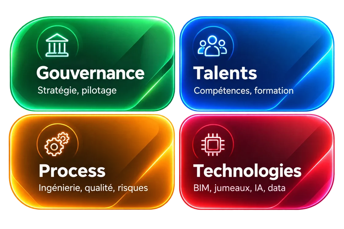 Les 4 piliers de la méthode : Gouvernance (stratégie, pilotage), Talents (compétences, formation), Process (ingénierie, qualité, risques) et Technologies (BIM, jumeaux, IA, data)